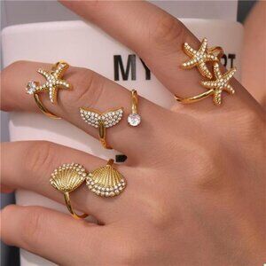 18K Gold-Plated Stainless Steel Zircon Starfish Ring